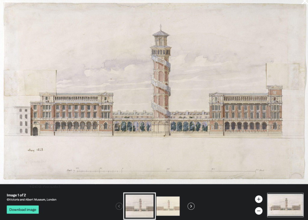 West elevation of the Science Schools and proposed extension in the same style, 1868, by Henry Cole